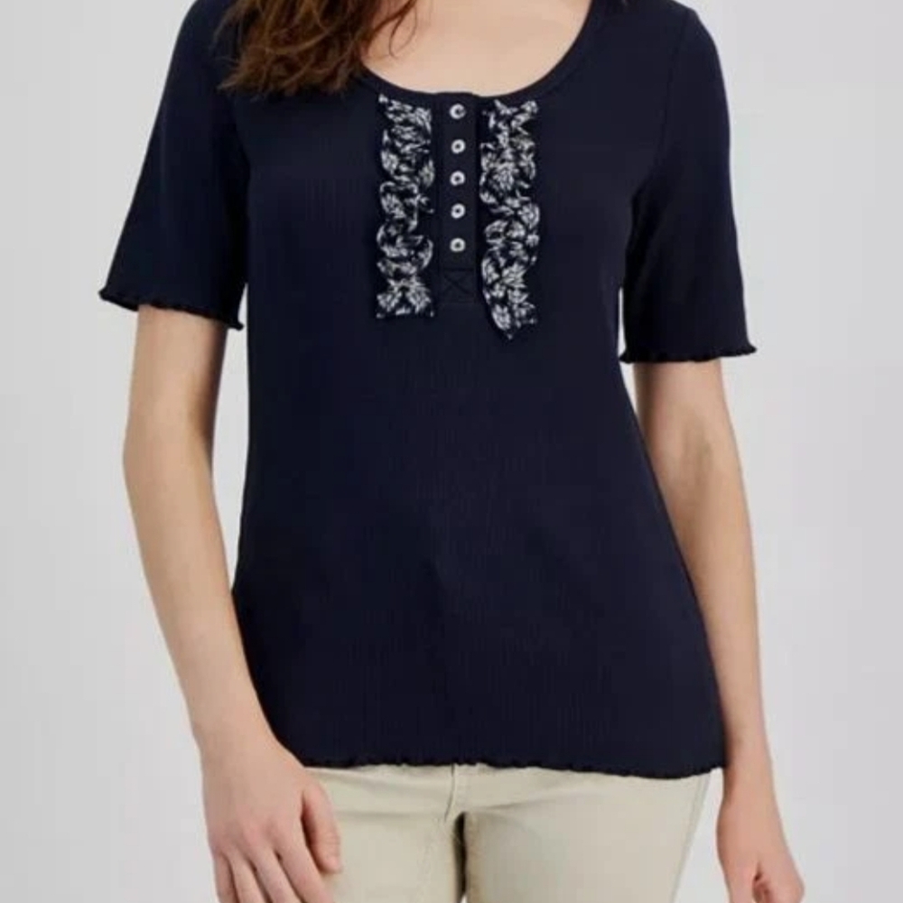 Nautica Jeans Women's Blue Ribbed Logo Round Neck Short Sleeve Blouse Size S